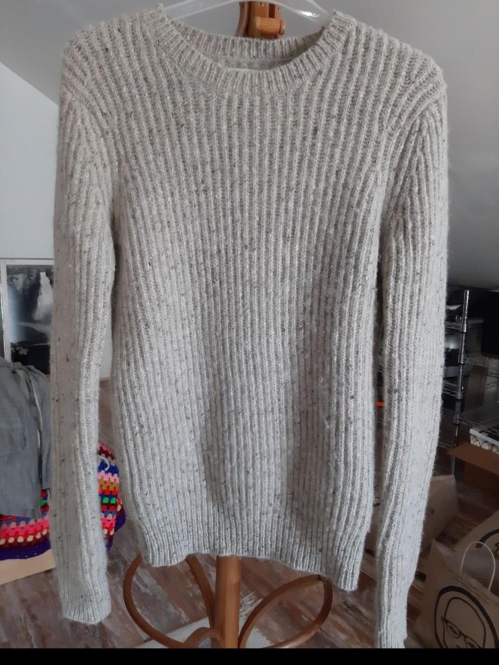 AllSaints Men's Cream Ribbed Knit Sweater